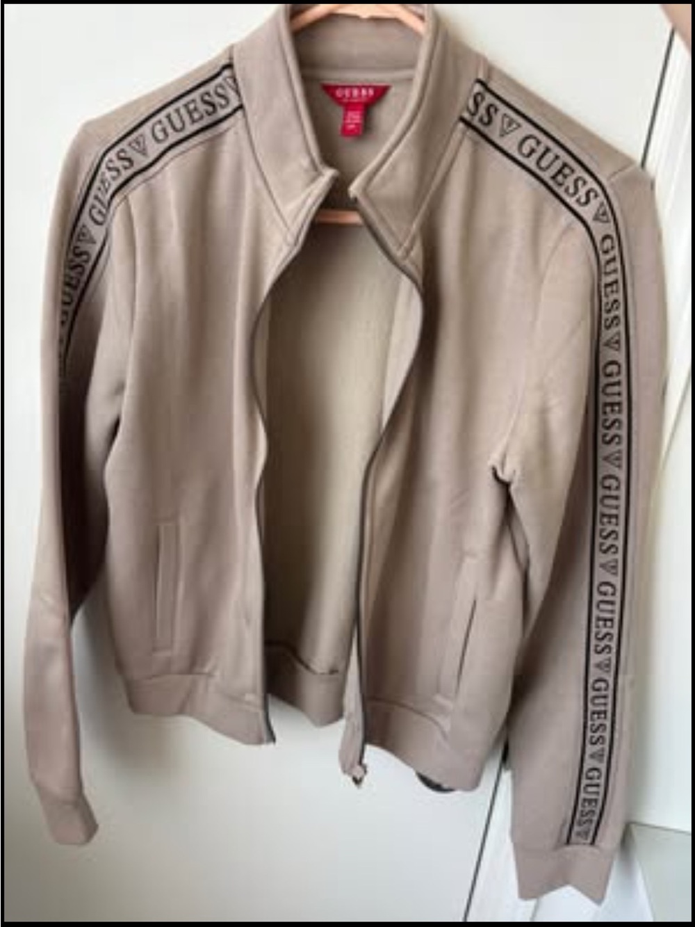 Guess Taupe Logo-Trim Bomber Jacket